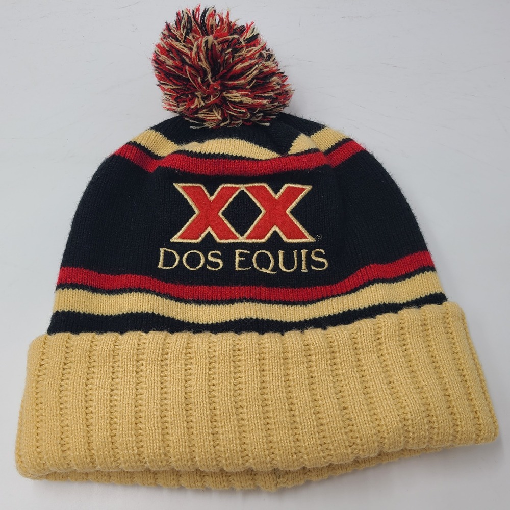 Dos Equis Hat Beanie Black Gold Red Beer XX Pom Winter Knit Stocking Cap Men